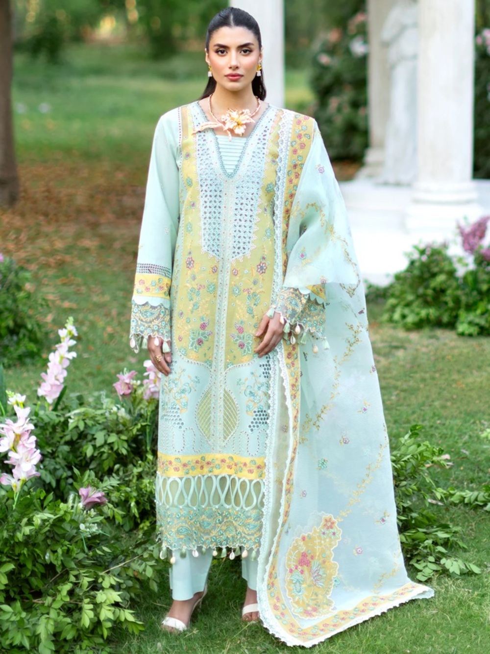 Pastel Mint & Yellow Embroidered Lawn Suit with Dupatta